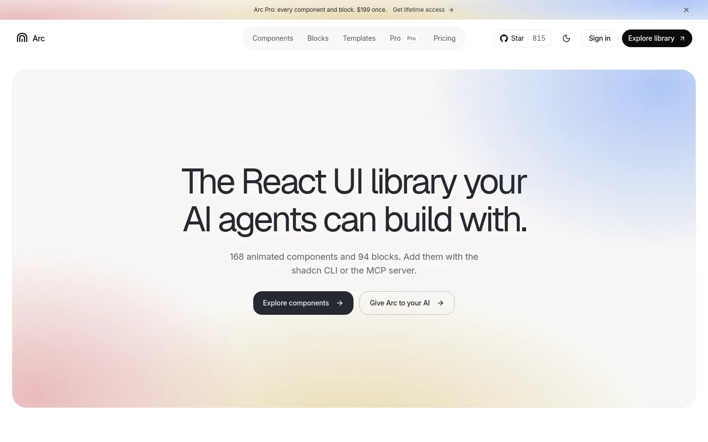 Arc UI homepage