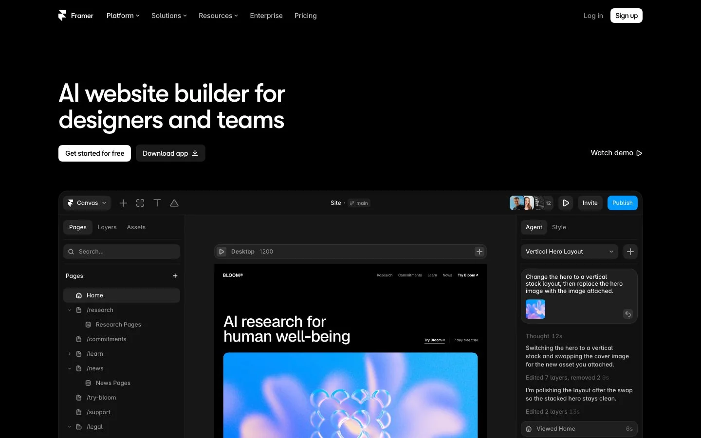 Framer AI homepage